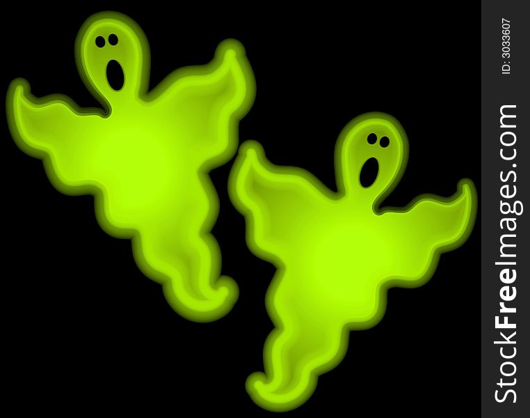 A clip art illustration of a pair of spooky looking ghosts in green glow set against a black background. Boo!. A clip art illustration of a pair of spooky looking ghosts in green glow set against a black background. Boo!