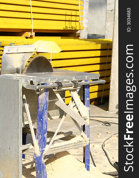 View at large circular saw on a construction site