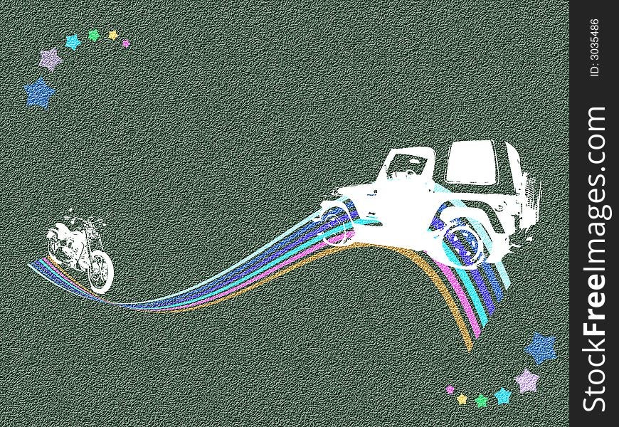 Abstract green background with stars, motorcycle and car on a rainbow. Abstract green background with stars, motorcycle and car on a rainbow