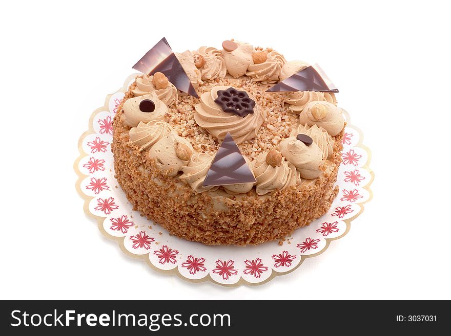 A Mocha birthday cake, on a white background