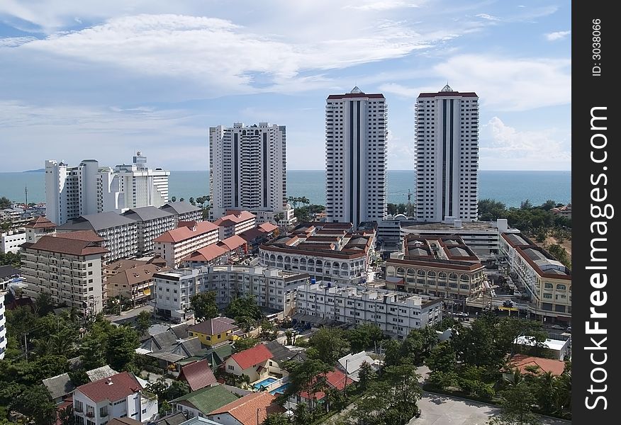 Aerial view of resort town by the sea, Jomtien Beach, Pattaya, Chonburi province, Thailand.