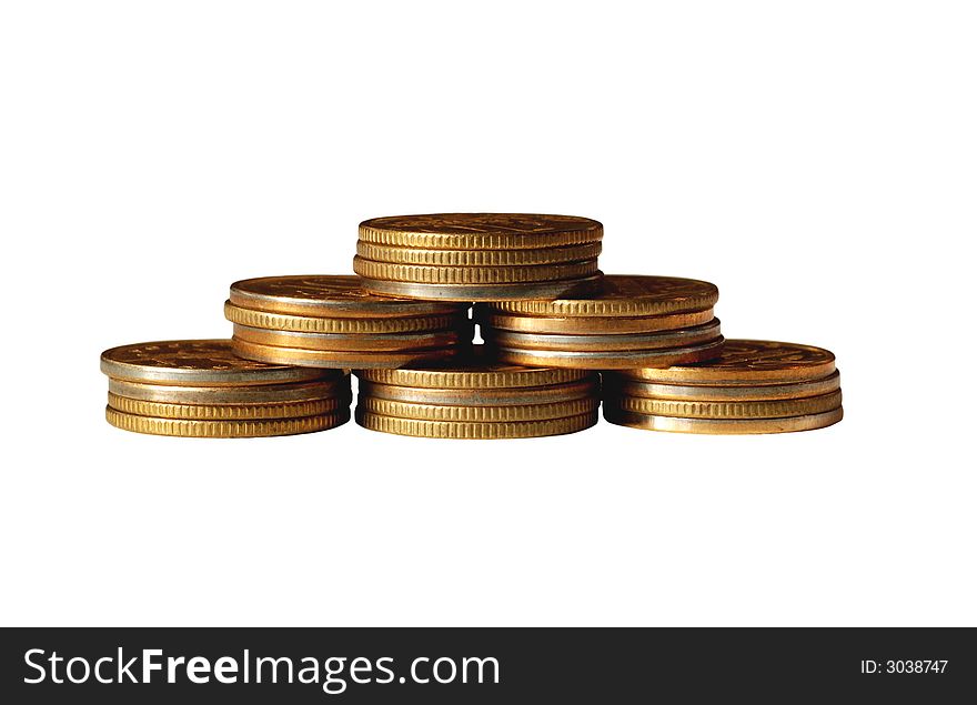 Isolated pyramid of coppery coins. Isolated pyramid of coppery coins