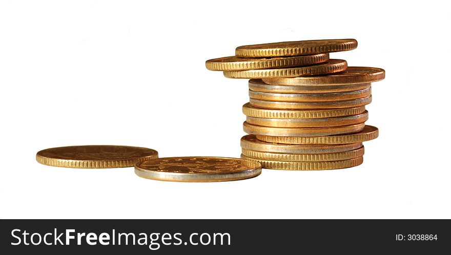 Isolated rouleau of coppery coins. Isolated rouleau of coppery coins