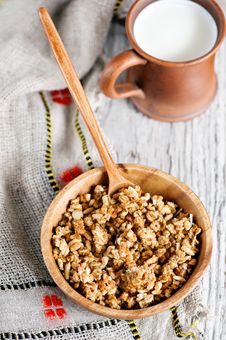 Muesli In Wooden Plate And Milk Stock Photo Muesli In Wooden Plate And Milk Stock Photo