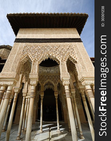 Courtyard of the Lions (El Patio de los Leones) in the Alhambra a moorish mosque, palace and fortress complex in Granada, Spain. Courtyard of the Lions (El Patio de los Leones) in the Alhambra a moorish mosque, palace and fortress complex in Granada, Spain.