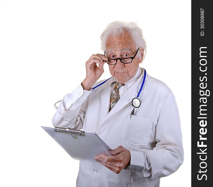 Mature doctor holding a chart wearing glasses with a serious look on face isolate on white. Mature doctor holding a chart wearing glasses with a serious look on face isolate on white