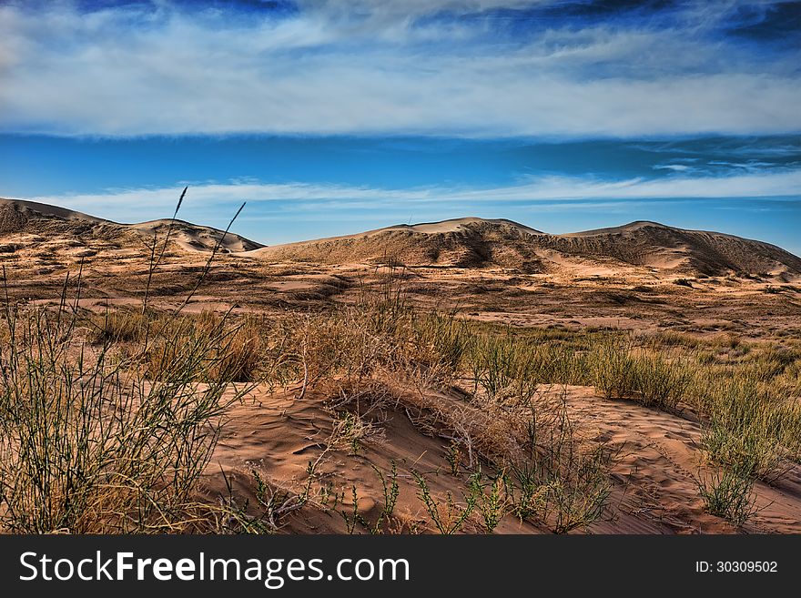 Kelso sand dunes in Mojave National monument with a beautiful dramatic sky in the back ground and grasses in the foreground. Kelso sand dunes in Mojave National monument with a beautiful dramatic sky in the back ground and grasses in the foreground