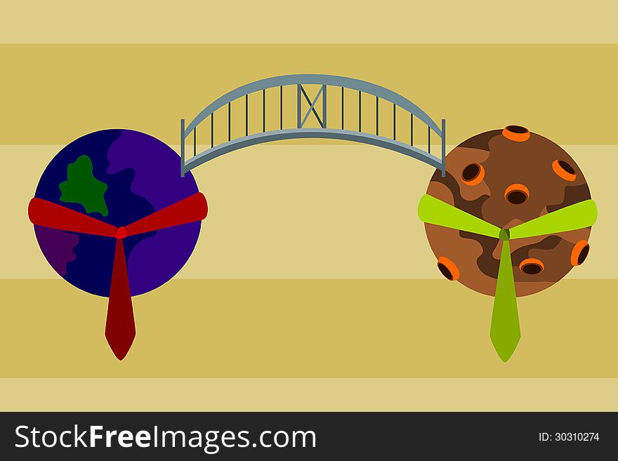 An illustration of two planets wearing ties and connected with a bridge. An illustration of two planets wearing ties and connected with a bridge