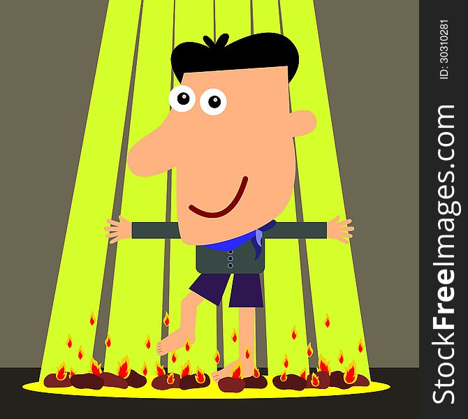 A cartoon illustration of a man walking on fire. A cartoon illustration of a man walking on fire