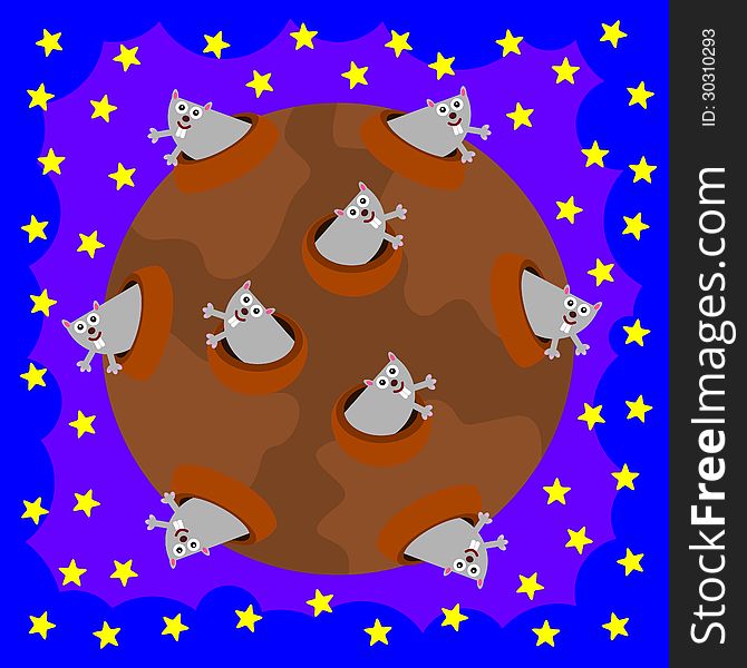 A funny illustration of gophers inside the craters of the moon. A funny illustration of gophers inside the craters of the moon
