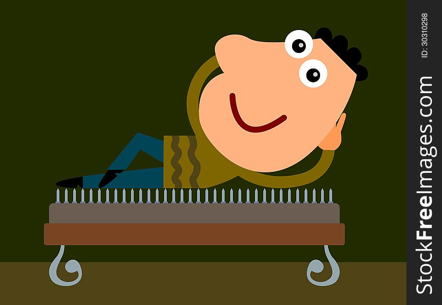 A humorous illustration of a man on a bed of nails. A humorous illustration of a man on a bed of nails