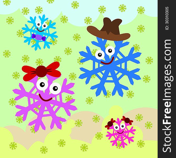 An illustration of a happy cartoon family made up of snowflakes. An illustration of a happy cartoon family made up of snowflakes