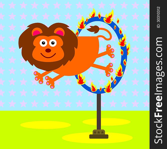 A cartoon illustration of a lion who jumped through a ring of fire. A cartoon illustration of a lion who jumped through a ring of fire