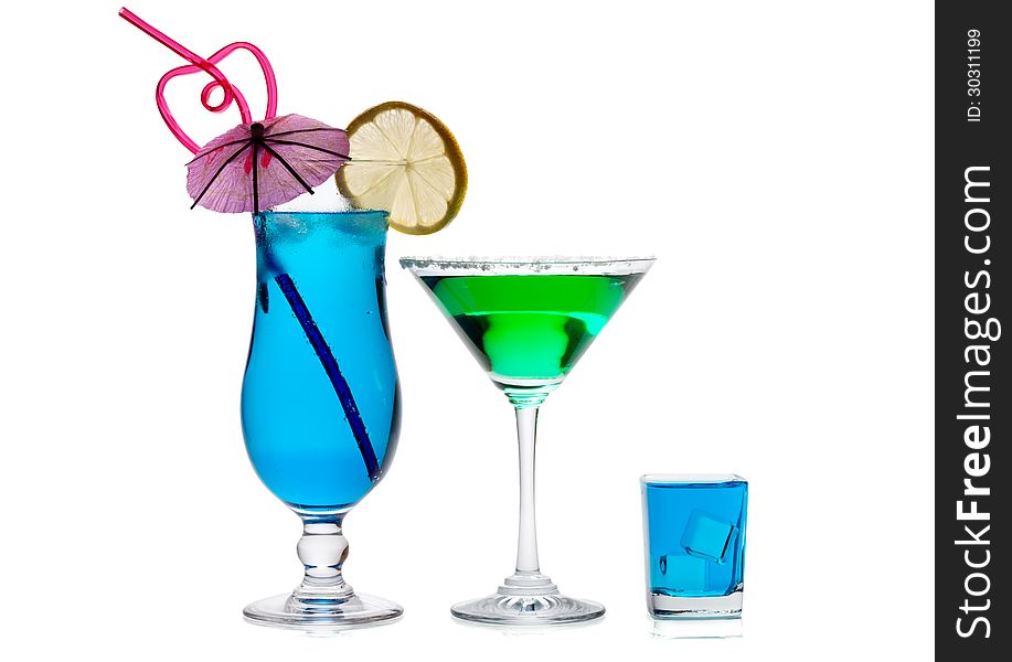 Blue Laguna, Green Vesper and Bombay Sapphire shot isolated on white background