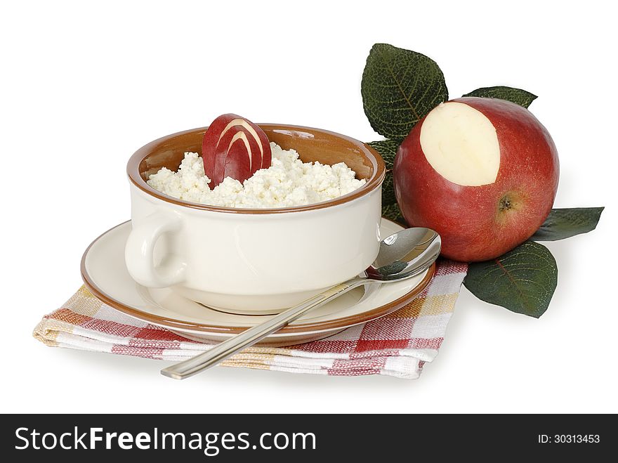 Cottage cheese with an apple in a ceramic bowl. Cottage cheese with an apple in a ceramic bowl