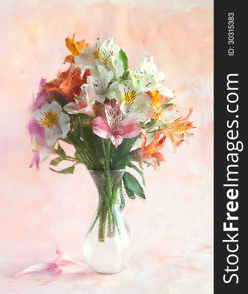 Bouquet of Alstroemeria in a transparent glass vase on abstract background. Photographed through a distorted glass. focus on near flower