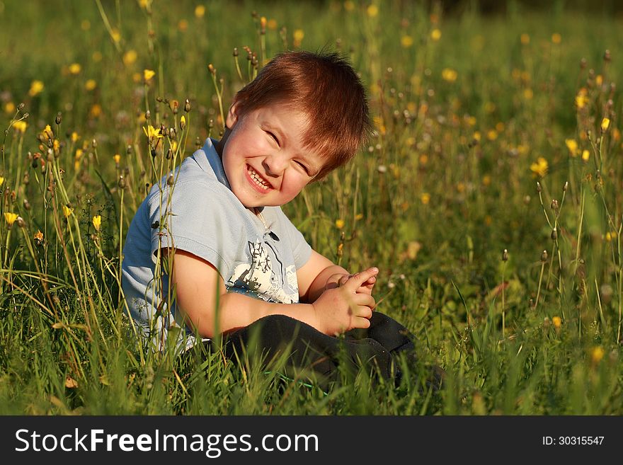 Little boy laughing sitting in the grass