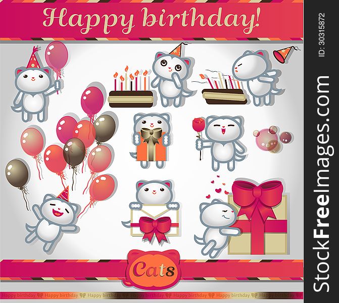 Cats color icons: happy birthday