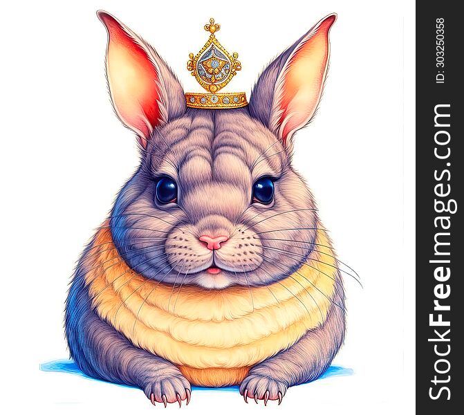 Cute beige chinchilla wearing a crown on a white background. Close-up portrait of a pet