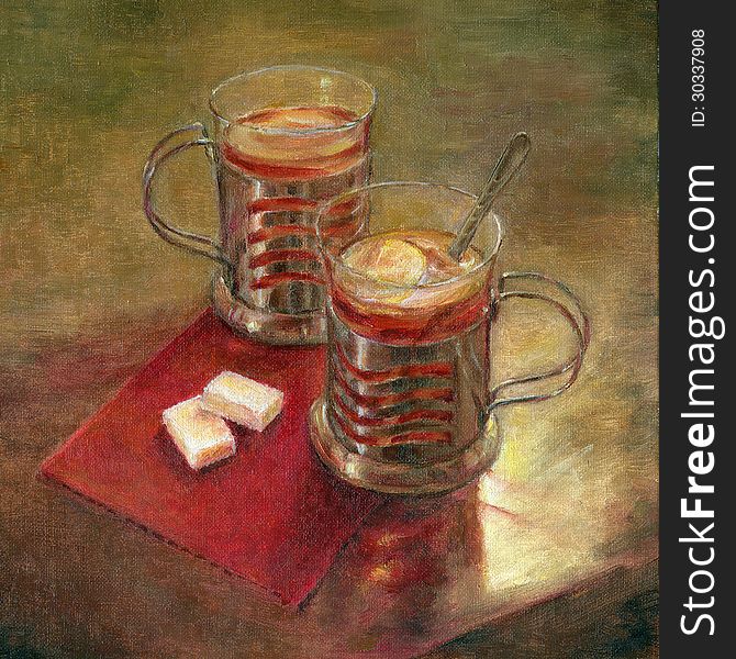 Two cups of tea on a table and two lumps of sugar. Oil on a canvas art. Two cups of tea on a table and two lumps of sugar. Oil on a canvas art.