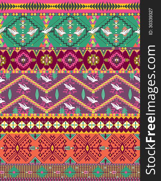 Seamless colorful geometric aztec pattern with birds and arrows. Seamless colorful geometric aztec pattern with birds and arrows