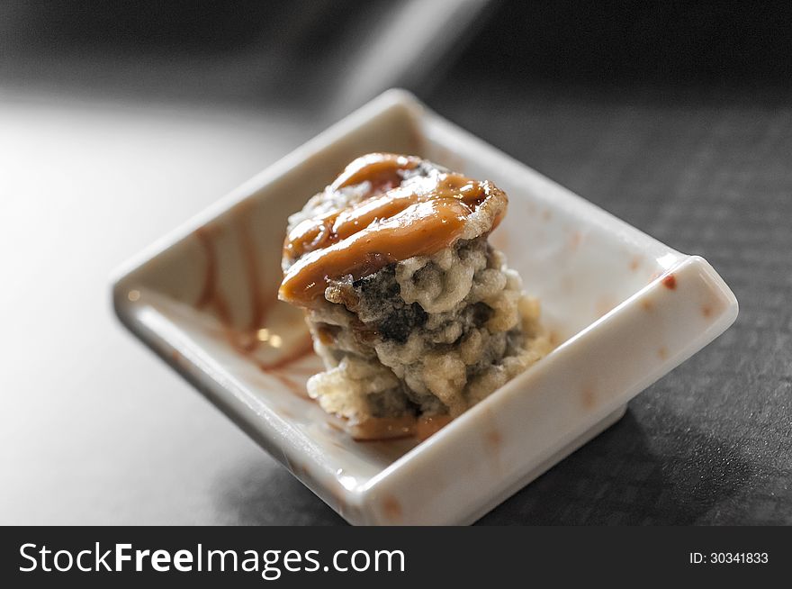 Deep fried japanese sushi with sauce