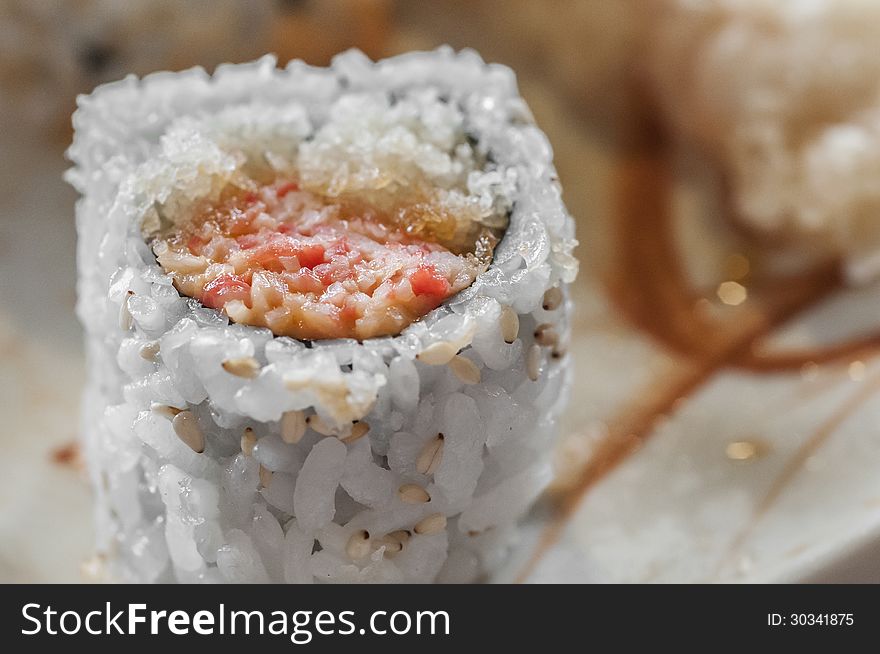 Japanese rice sushi on a platter macro