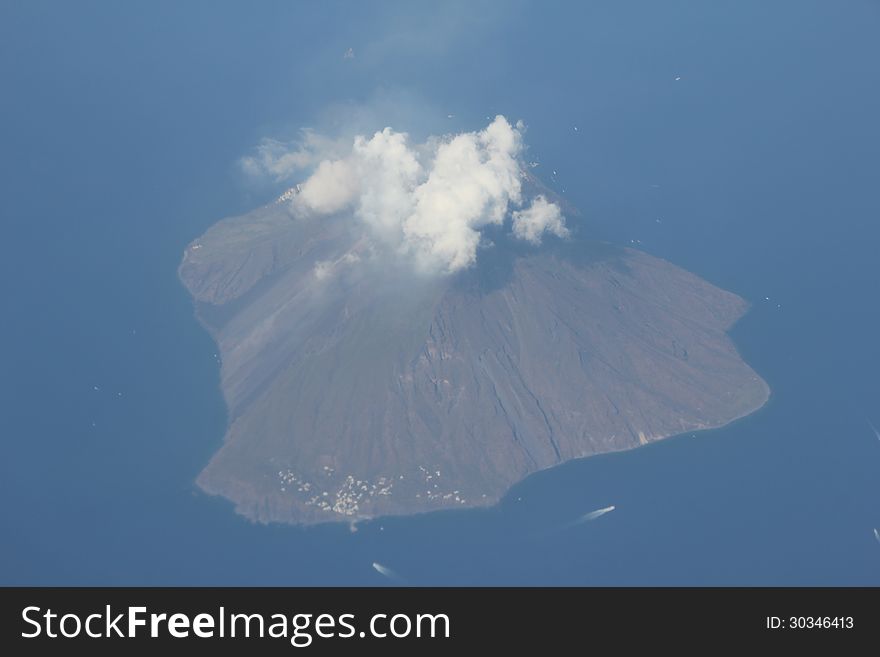 Stromboli Volcano Island in Italy from airplane