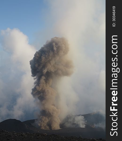 Strombolian eruption at volcano Stromboli in Italy