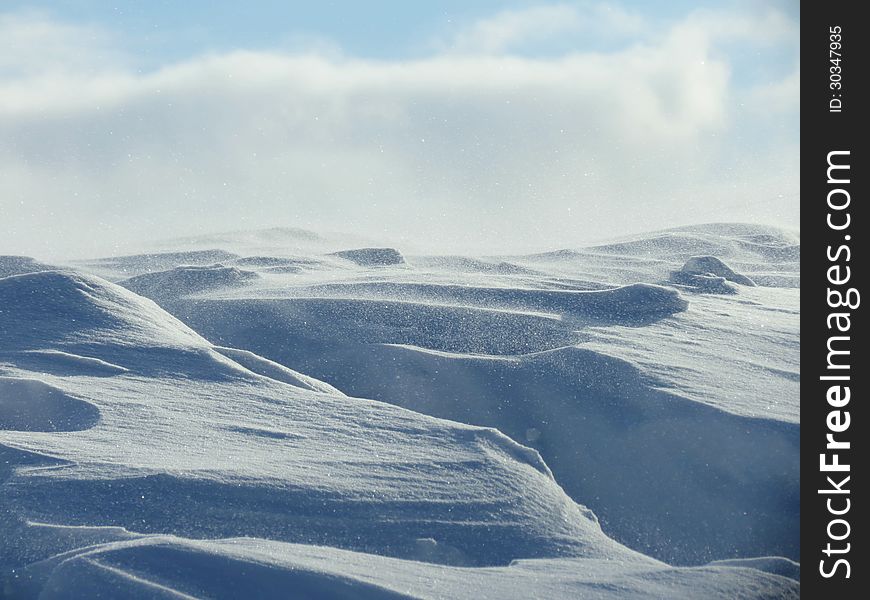 Strong wind with snow drifts in the steppes namelo Altai