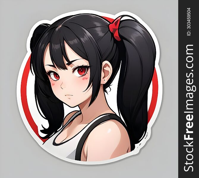 A sticker featuring an illustrated anime-style girl with her face obscured, showcasing her black hair tied up with a red ribbon.