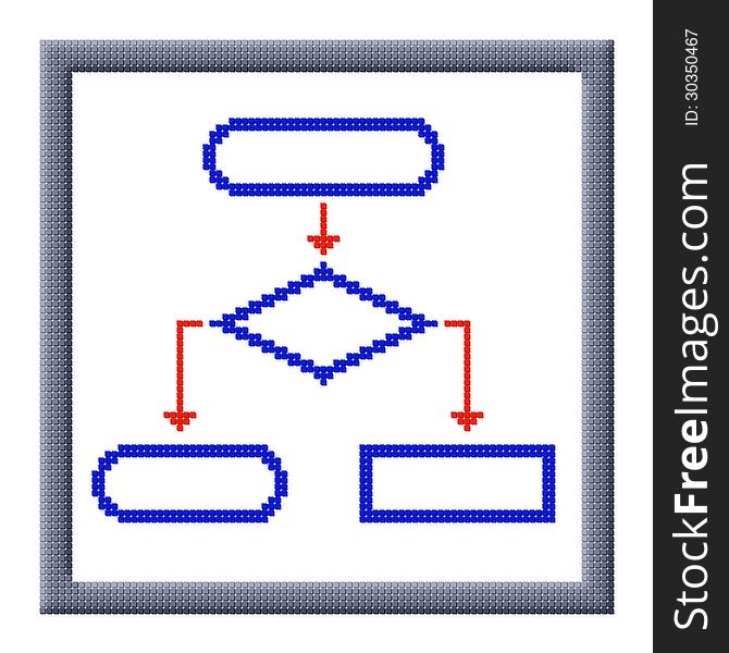 Pixel image of flowchart icon with copy-space in frame consisting of cubes. Pixel image of flowchart icon with copy-space in frame consisting of cubes