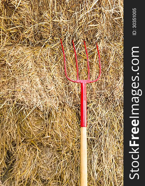 Pitchfork sit in a pile of Straw stacked awaiting the workers.