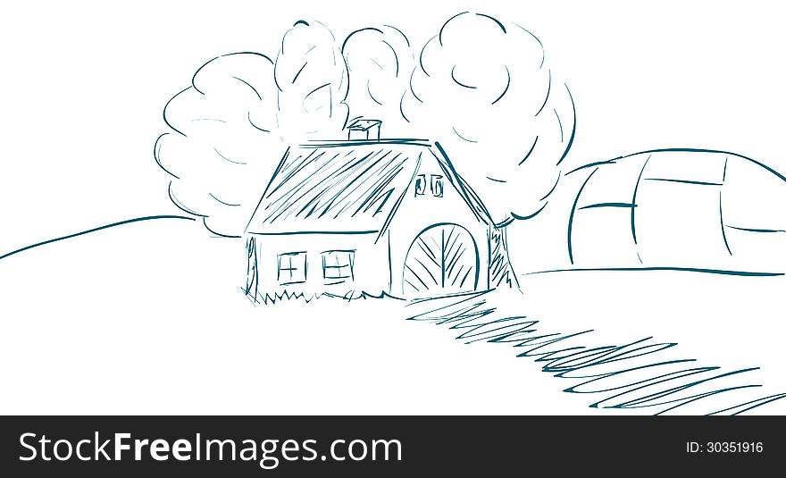 Vector hand drawn landscape with house, trees and fields.