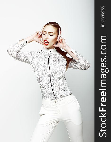 Eccentric Fancy Woman Wearing White Modern Clothes. Independence