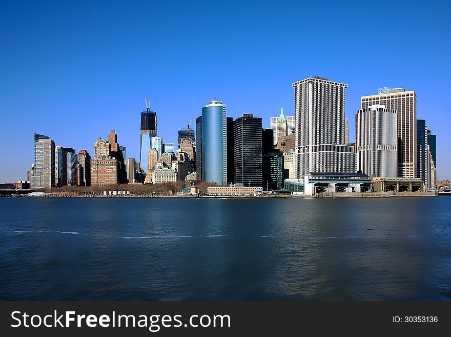 View of the downtown Manhattan, Financial District from the Hudson River. View of the downtown Manhattan, Financial District from the Hudson River