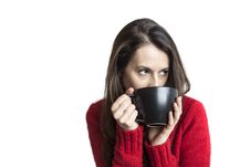 Beautiful Young Woman With Brown Hair And Eyes Drinking Coffee Royalty Free Stock Photo Beautiful Young Woman With Brown Hair And Eyes Drinking Coffee Royalty Free Stock Photo
