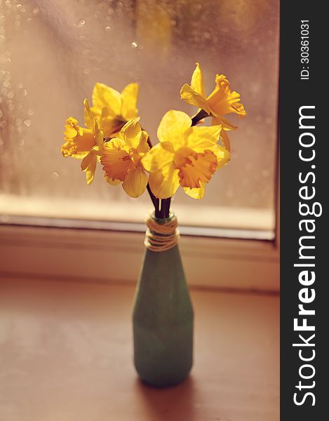 Against the wet glass window is a vase of yellow daffodils. Against the wet glass window is a vase of yellow daffodils