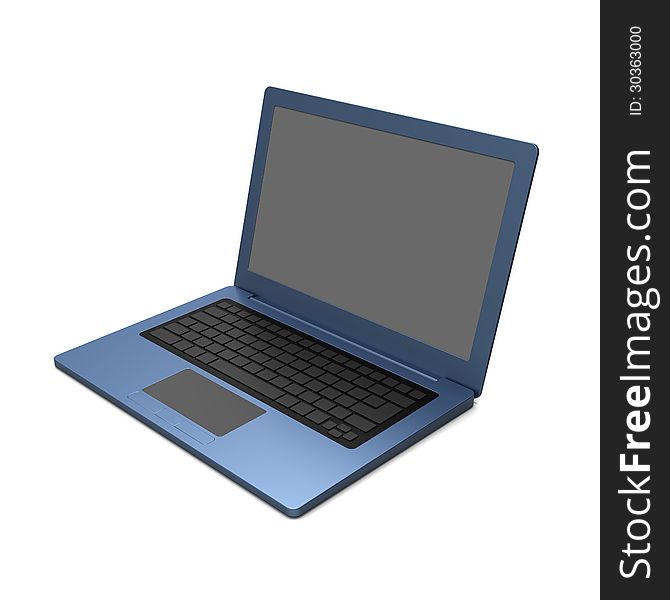 3D model of blue laptop with blank keyboard and simple design on white background. 3D model of blue laptop with blank keyboard and simple design on white background