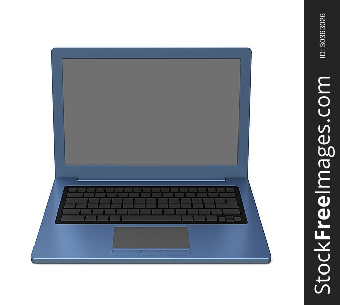 3D model of blue laptop with blank keyboard and simple design on white background. 3D model of blue laptop with blank keyboard and simple design on white background