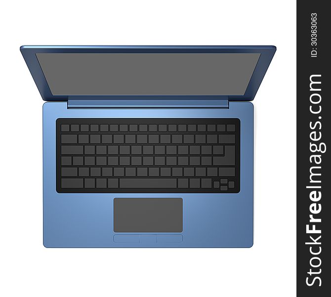 3D model of blue laptop with blank keyboard and simple design on white background from top view. 3D model of blue laptop with blank keyboard and simple design on white background from top view