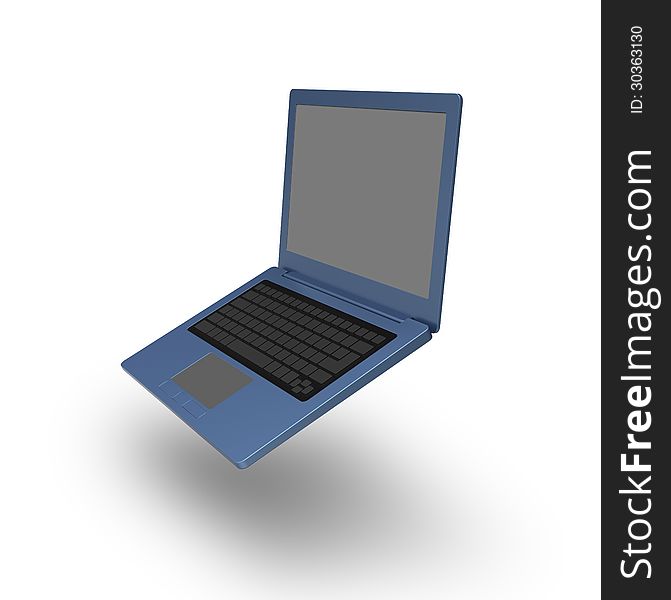 3D model of blue laptop with blank keyboard and simple design on white background. 3D model of blue laptop with blank keyboard and simple design on white background