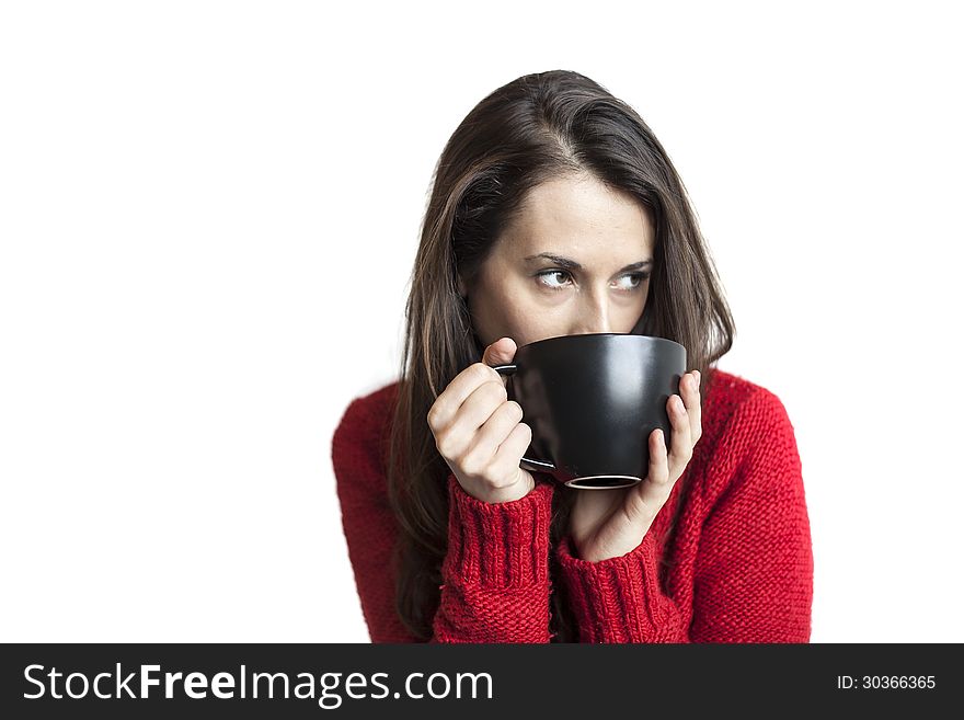 Beautiful Young Woman with Brown Hair and Eyes Drinking Coffee