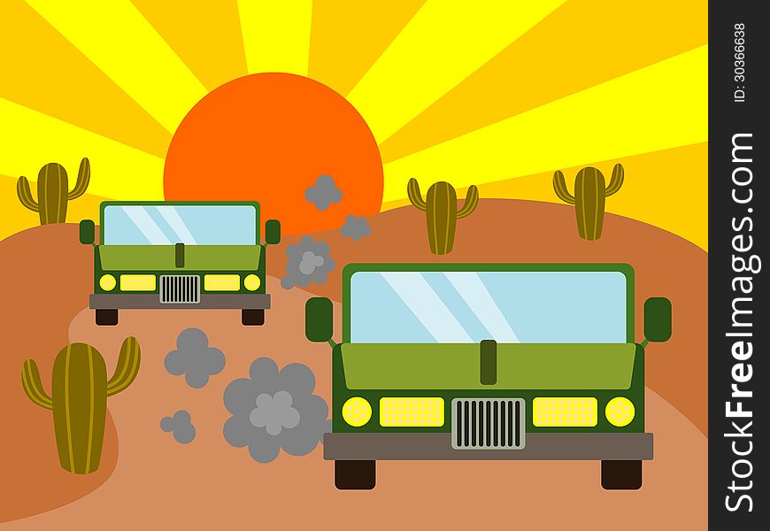 Illustration of two cars racing in the desert. Illustration of two cars racing in the desert