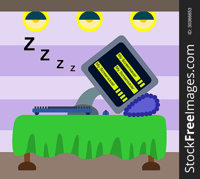 Illustration of a computer sleeping in bed. Illustration of a computer sleeping in bed