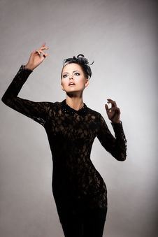Charm. Elated Delightful Woman In Stylized Black Dress. Nostalgia Royalty Free Stock Photo