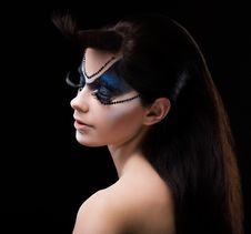 Blue Eye Shadows. Mascara. Woman With Modern Bright Colorful Makeup. Face Art Royalty Free Stock Photos