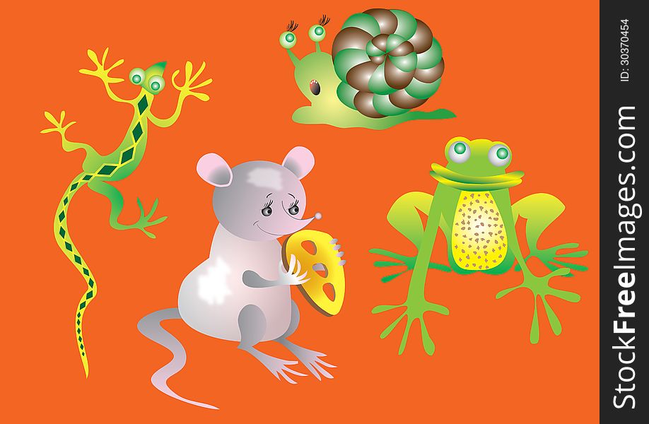 Painted color images rats, snails, lizards, frogs, toads, mice on an orange background. Painted color images rats, snails, lizards, frogs, toads, mice on an orange background