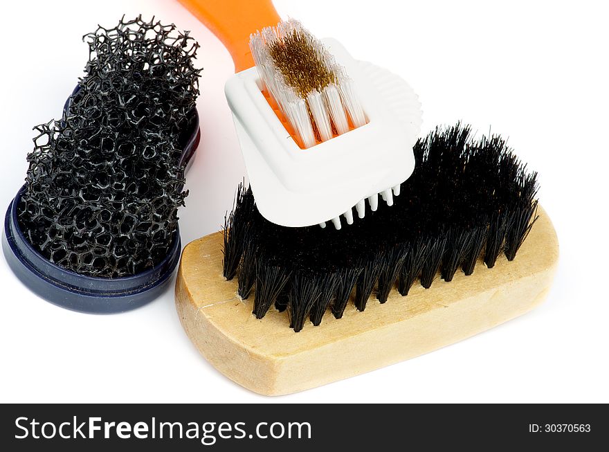 Various Shoes and Clothes Cleaning Brushes isolated on white background