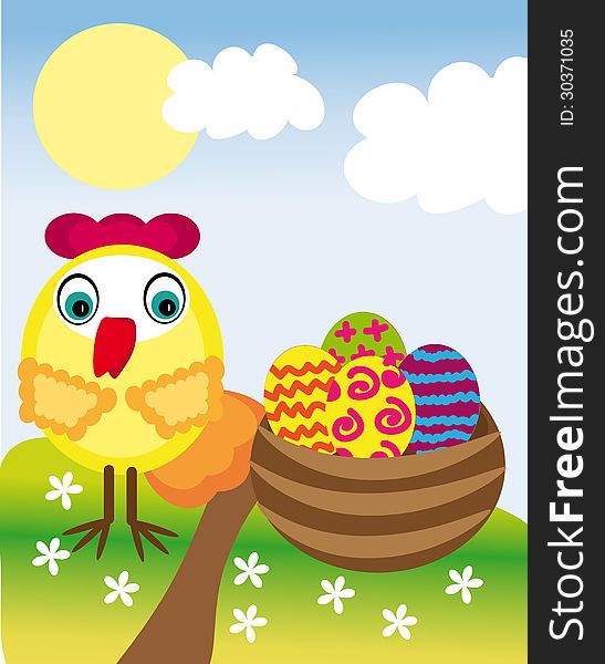 Vector graphic with cute chicken, easter eggs outdoor. Vector graphic with cute chicken, easter eggs outdoor